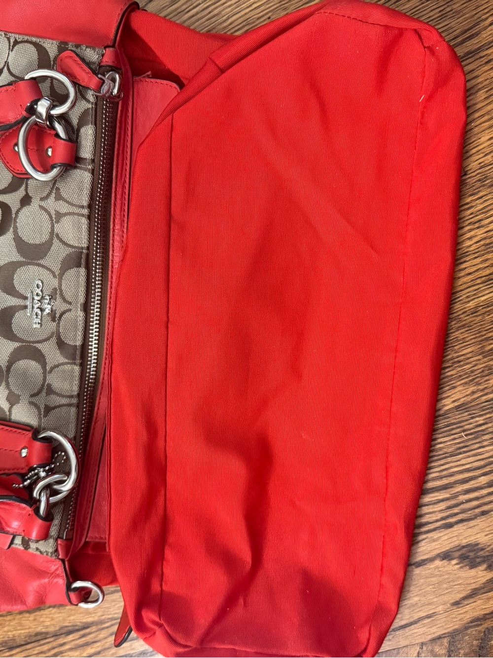 Coach Signature Canvas Coral Red Leather Satchel Crossbody Bag Purse EUC - Picture 14 of 16